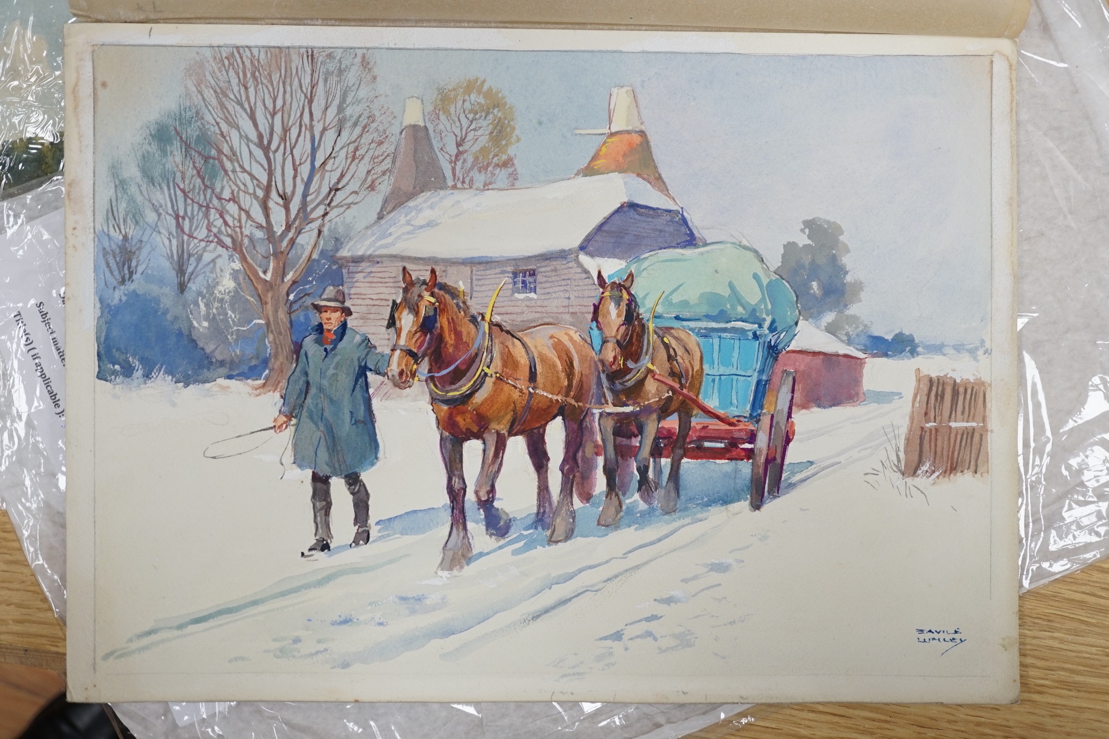 Savile Lumley (1876–1960), four watercolour greeting card designs, Three coaching scenes and Kentish snow scene, signed, 26 x 35cm, unframed